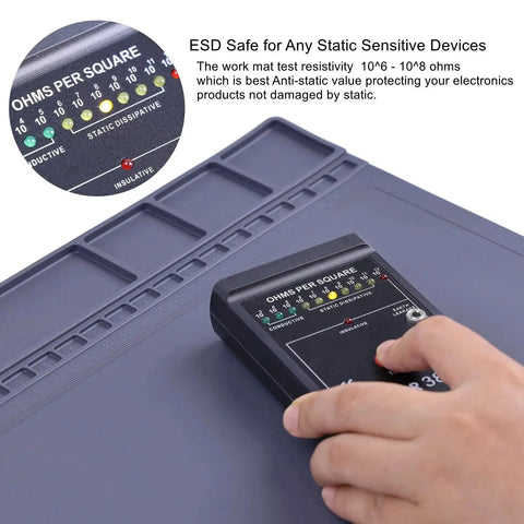 Hand testing ESD Safe Anti Static Soldering Mat With Wrist Strap And Grounding Wire For Electronics Silicone Soldering Repair Mat Heat Resistant Up To 932F 15.9 By 12 Inches Gray Ideal For iPhone iPad iMac Laptop Computer HPFIX with resistance meter.