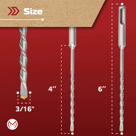 Three Sixteenth Inch By Six Inch SDS Plus Hammer Drill Bit Set Ten Carbide Tipped Masonry Bits For Brick Stone And Concrete