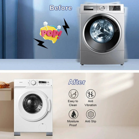 Front view of a silver front-loading washing machine showing vibration lines.
Installed view of white front-loading washing machine on four anti-vibration pads.