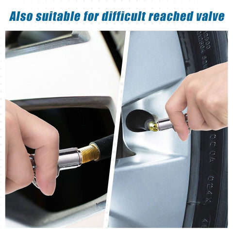 Silver dual-head tire pressure gauge installed on a car tire valve stem; front and side view.