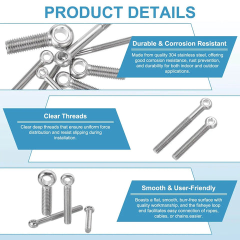12 Pack M5 Shoulder Swing Eye Bolts 304 Stainless Steel with product details including durability, clear threads, and smooth usability.
