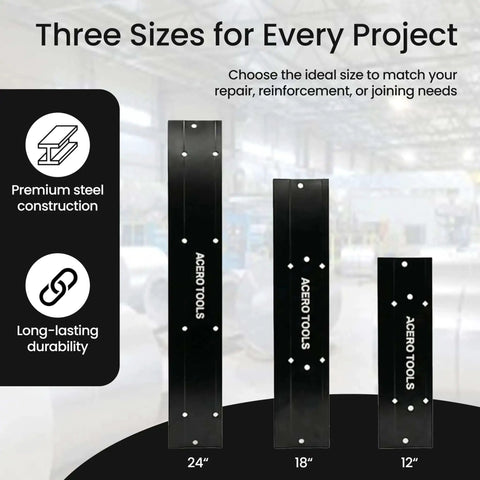 Three sizes of metal bender tools displayed showing 24, 18, and 12-inch models with premium steel construction and durability.