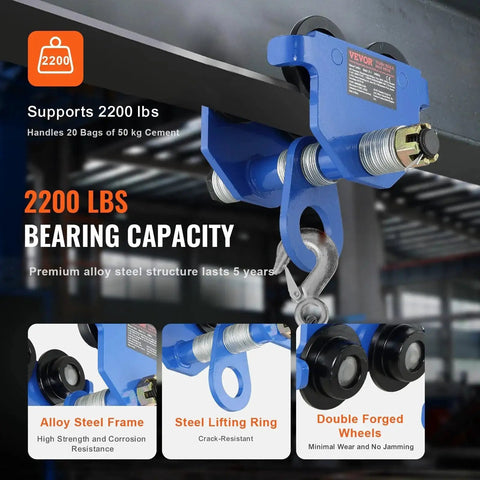 Manual Trolley For I Beam 2200 Lb Capacity, 1 Ton Load, Dual Wheel Heavy Duty Alloy Steel Construction, Adjustable Beam Width