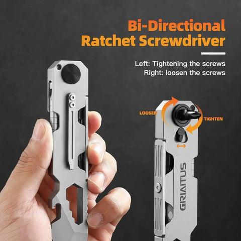 Everyday Carry Pry Bar Multitool With Bi Directional Ratchet Screwdriver shown with tightening and loosening instructions.