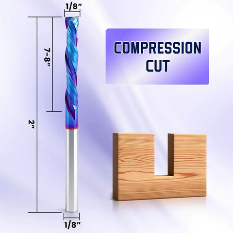 Up And Down Cut Compression Bit For CNC Router One Eighth Inch Shank One Eighth Inch Spiral Cutting Diameter Tungsten Carbide End Mill Set Ten Pack Nano Blue Coated Workhorse For Heavy Duty Milling Long Lasting High Precision Bits