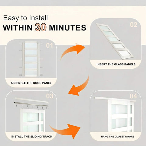 72 Inch Sliding Closet Door Kit With 5 Lite Frosted Glass Panels In White MDF Includes Hardware Track And Floor Guide Pre Drilled For Easy Assembly Space Saving Double Sliding Doors For Modern Bedroom Closet installation steps