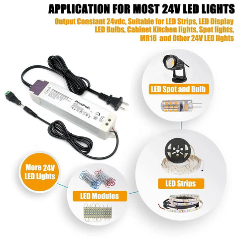 30W Dimmable LED Driver Power Supply From 120V AC To 24V DC Magnetic Transformer for LED strips and modules, with cables and plug.