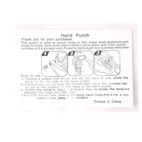 Usage instructions for Heavy Duty Handheld Power Punch Kit with Compound Lever for sheet metal and various materials.