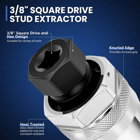 Heavy Duty Stud Extractor Set for Damaged Bolts and Studs, 3/8-inch drive, close-up of knurled edge and hex design.