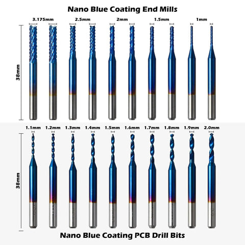 Assorted Pro Grade Tungsten Carbide End Mill Router Bits Set For CNC Machining 1/8 Inch Shank 50-Piece With Nano Blue Coating