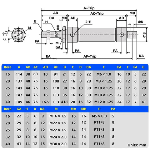 Side view of MAL25x75 pneumatic cylinder, 25 mm bore, 75 mm stroke, double-acting with Y connector and two 6 mm fittings
