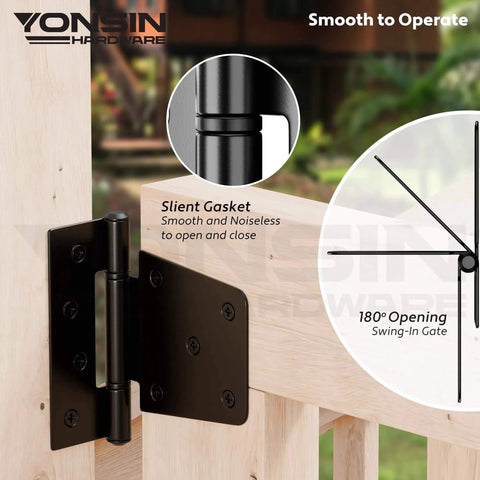 3.5 Inch Heavy Duty Strap Gate Hinges Kit For Wooden Gates Vinyl Fence And Barn Doors 4 Pcs Black installed on wooden gate