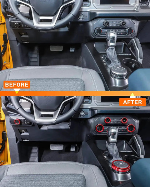Before and after installation of Ford Bronco Billet Aluminum Knob Trim Set Red Bezel for Headlight 4WD HVAC Radio