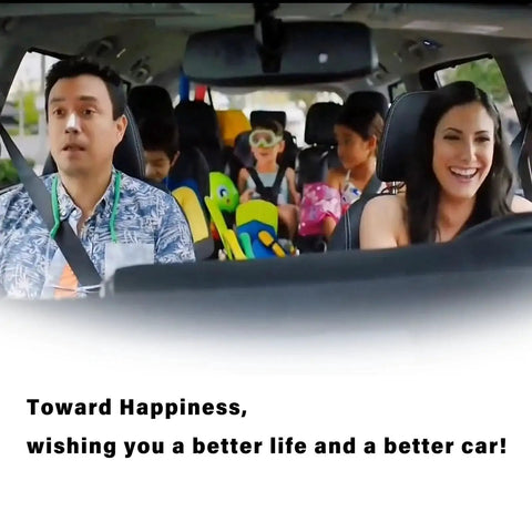 Family of four in a car with a cheerful expression, father in blue shirt, mother and children in the back with recreational items