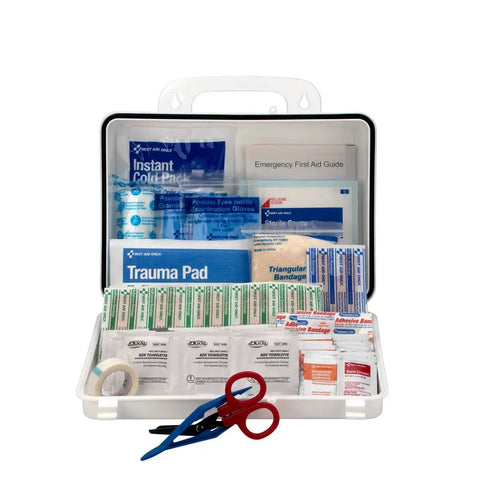 25 Person Contractor First Aid Kit for Home Renovation Job Sites and Construction Vehicles 178 Piece Worksite Ready Comprehensive Emergency Medical Kit with Bandages Gauze Antibiotic Ointment Scissors and Gloves in a Tough Portable Case by First Aid Only, open showing contents.