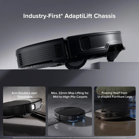 Side view of roborock Saros 10R robot vacuum and mop in black with AdaptLift chassis on stair edge