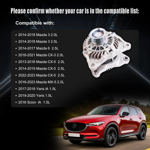 Image of Alternator Replacement For Mazda Vehicles, Direct Fit 2.0L And 2.5L Engines, shown next to a red Mazda car.