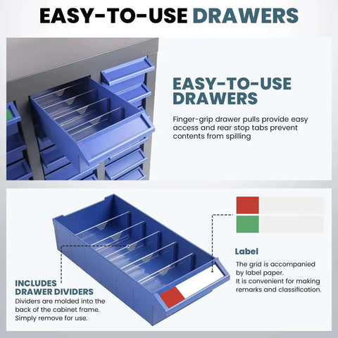 40 Drawer Parts Storage Cabinet For Garage And Workshop with easy-to-use ABS drawers, 200 dividers, and label system.
