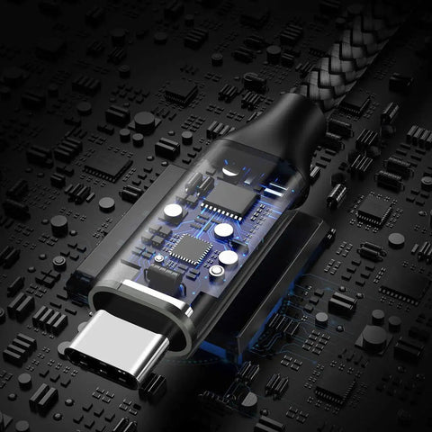 Close-up of USB A to USB C Cable 3ft 2 Pack Fast Charging and Data Sync for Galaxy iPhone showing internal components and braided design.