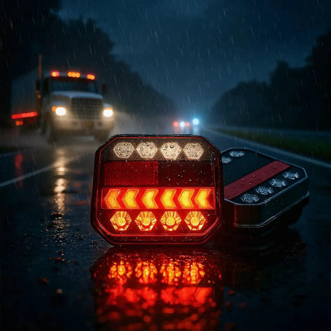 STHF magnetic wireless trailer light kit, front view red LED light panel with turn and brake indicators on wet surface