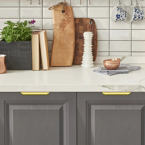 Gold Finger Edge Pulls For Cabinets 10 Pack 150mm Length With 128mm Center To Center 5 Hole Design installed on gray kitchen drawers