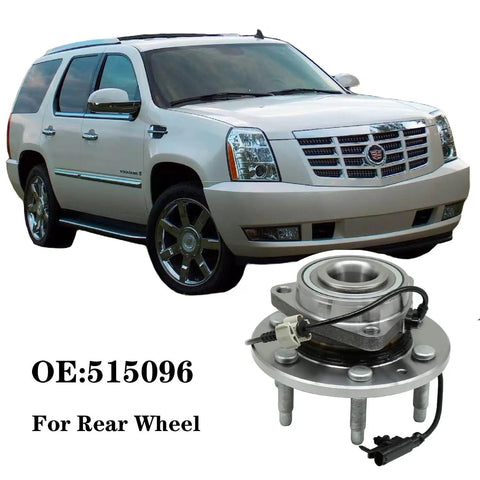 Front Wheel Hub And Bearing Assembly For Chevy Tahoe Silverado 1500 Suburban Avalanche Escalade Yukon Sierra 4WD 2007 2014 Replacement Premium OEM Grade With Durable Bearings And Easy Install shown next to vehicle.