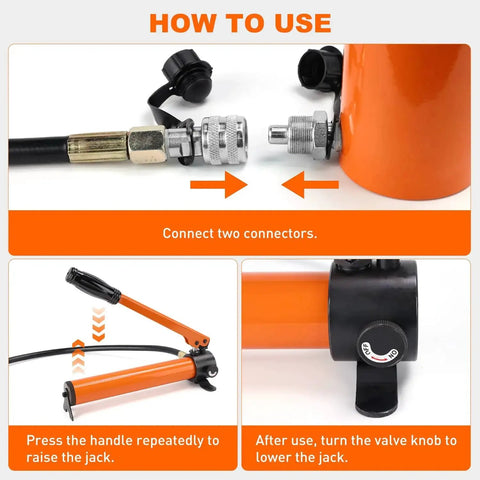 20 Ton Hydraulic Porta Power Kit With Manual Pump 2 Inch Stroke Orange showing connector and pump details