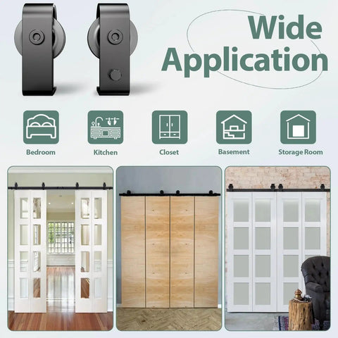 Bi-Folding Sliding Barn Door Hardware Track Kit 72 Inch For Four Doors In Black Finish, used in bedroom, kitchen, closet