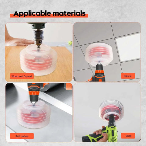 Four views of a Six And A Quarter Inch Hole Saw For Recessed Can Lights With Dust Bowl Dust Catcher Bi Metal Wood Drywall Hole Cutter in use on wood, drywall, plastic, and metals.
