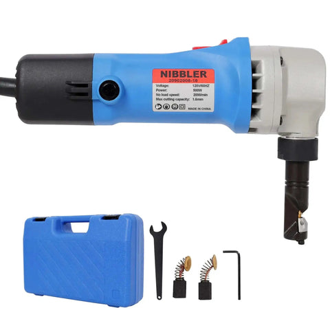 16 Gauge Electric Metal Shearing Machine With Beefy 500 Watt Power And 360 Degree Rotating Cutter, blue finish, with accessories