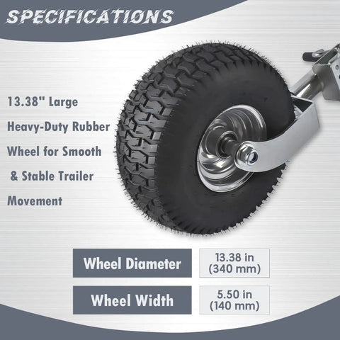Close-up of Swivel Trailer Tongue Jack 2000Lb Capacity Bolt-On Foldable with 13.38in wheel specs and measurements.