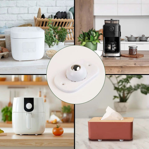 Collage showing 8 Pack Self Adhesive 360 Degree Swivel Caster Wheels for Appliances and Furniture White installed on kitchen appliances and boxes.