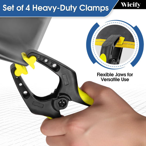 Set of 4 6-inch heavy-duty plastic spring clamps, yellow and black, with 3-inch jaw opening for woodworking and pool covers.