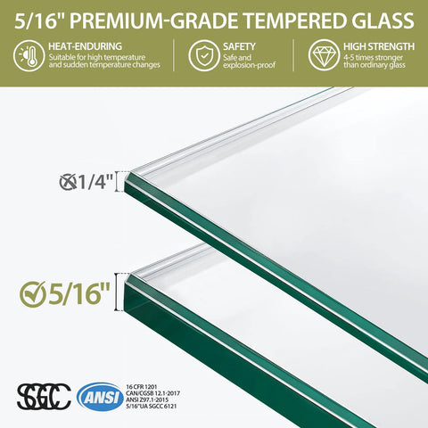 Close-up of 5/16 inch premium-grade tempered glass with heat-enduring and safety features highlighted, for modern shower doors.