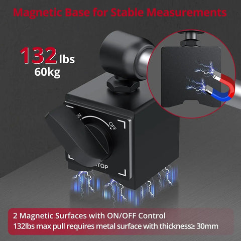 High Precision 1 Inch Dial Indicator With 0.001 Inch Resolution And Beefy Magnetic Base Up To 132 Lbs For Lathe Milling CNC 3D Printer Car Workshop Or Lab Imperial Dial Test Gauge Set For Tight Tolerances And Quick Measurements From XUNTOP showing 132 lbs magnetic base.