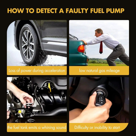 Signs of a faulty fuel pump: car wheel, man pushing car, fuel tank components, person turning ignition key