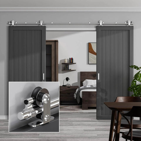 Installed 10 Ft Top Mount Sliding Barn Door Hardware Kit with stainless steel track and roller system, featuring double doors.