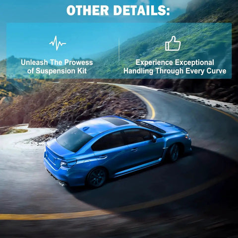 12-piece front upper & lower control arm and ball joint assembly suspension kit; blue sedan on a winding mountain road.
