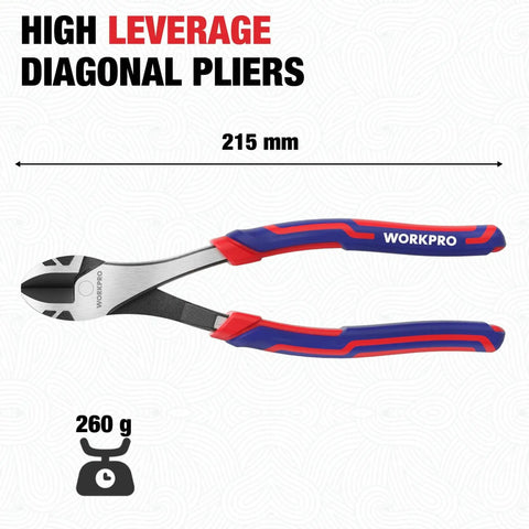 Eight Inch High Leverage Diagonal Pliers For Wire Cutting With Precision Bevel Edges And Built Tough Pro Grade Chrome Vanadium Steel Construction Perfect For Electricians And Hobbyists Workpro, 215mm long