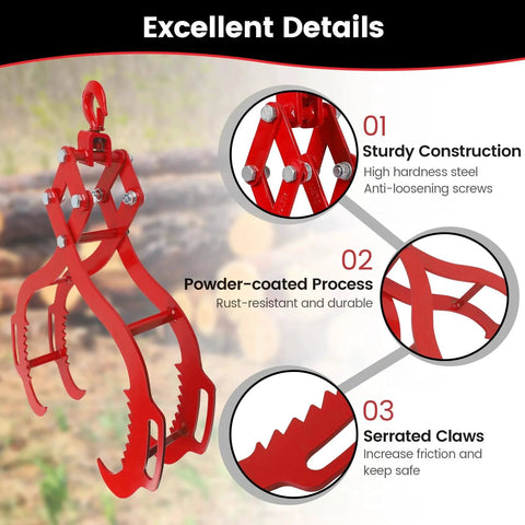 32 Inch Heavy Duty Log Tongs With Serrated Claw Eagle Design, red finish, steel construction, holds up to 2700 lbs for Trucks ATVs Tractors.
