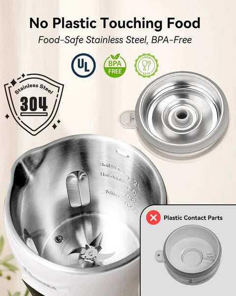Front view of IAGREEA 10-in-1 nut milk maker with 304 stainless steel bowl and BPA-free lid, 35oz.
