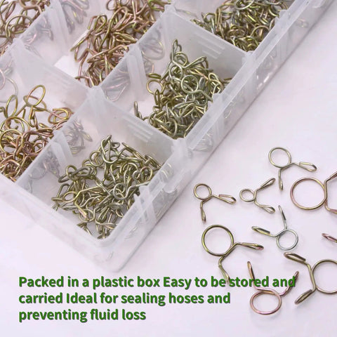 330 Piece Stainless Steel Spring Hose Clamps Assortment Kit 5 To 13 Mm Nine Sizes organized in a plastic box