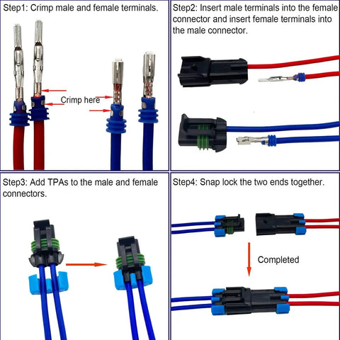 Weather Pack 2 Pin Waterproof Automotive Connector Kit installation steps with male and female terminals for 14-12 AWG wire.