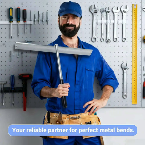 Worker posing with 15.25 Inch Sheet Metal Bender Tool For Roofing Ductwork And HVAC Hemming Folding Hand Brake Manual Forming Tool