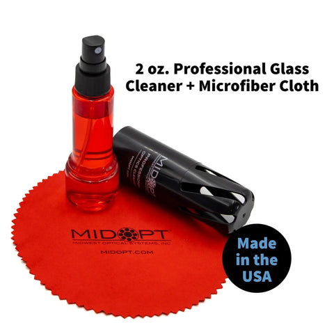 Optics Cleaning Solution With Microfiber Cloth For Smudge Free Lenses 2 Oz bottle with red cloth and spray top