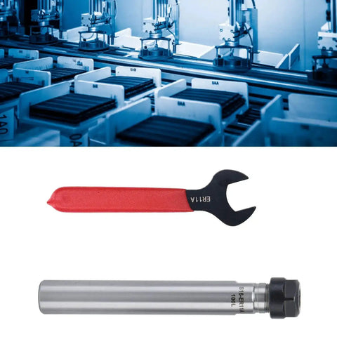 Straight Shank ER11 Collet CNC Lathe Milling Tool Holder Beefy High Strength Precision, shown with wrench and machine backdrop