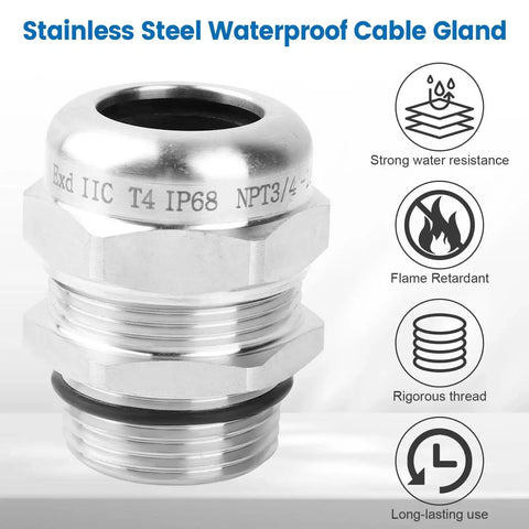 Stainless steel IP68 waterproof cable gland with NPT 3/4 threading, demonstrating water resistance and flame retardant features