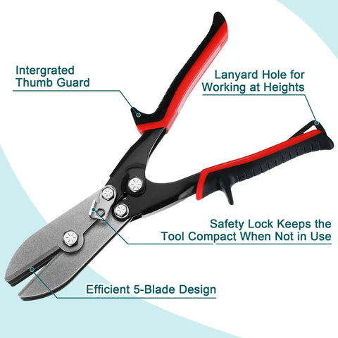 5 Blade Hand Crimper For Sheet Metal, 10.5 Inch HVAC Duct Tool, ergonomic black handle, integrated thumb guard and 5-blade design