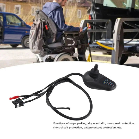 Front view of black joystick-style power controller for electric wheelchair with four blue buttons and wired harness
