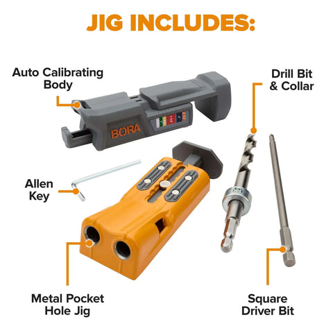 Pro Compact Pocket Hole Jig Kit With Auto Adjusting Drill Guide, includes metal pocket hole jig, drill bit, collar, and allen key.